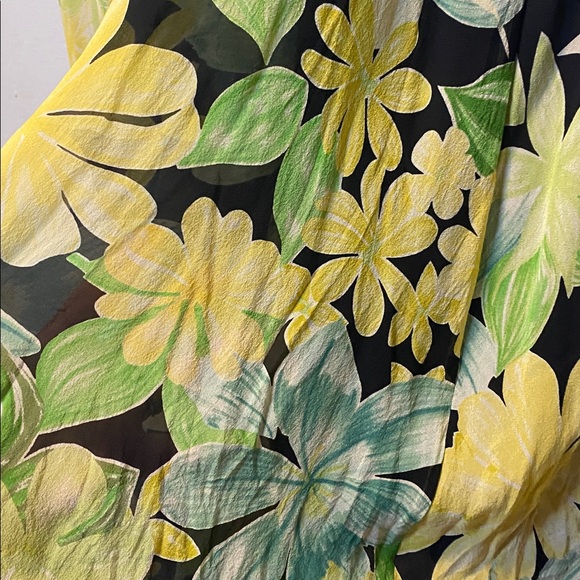 Talbots Pure Silk Floral Dress 12 Black Yellow Green Short Sleeve Lined Midi - Picture 5 of 15